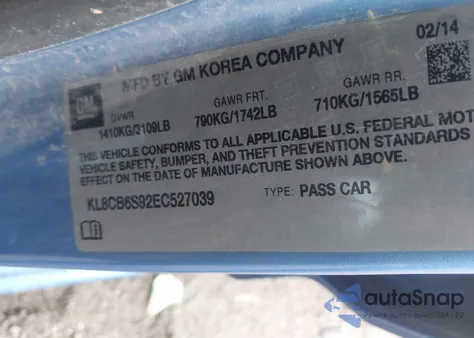 2014 Chevrolet Spark Ls Auto z USA, uszkodzony, nr VIN KL8CB6S92EC527039